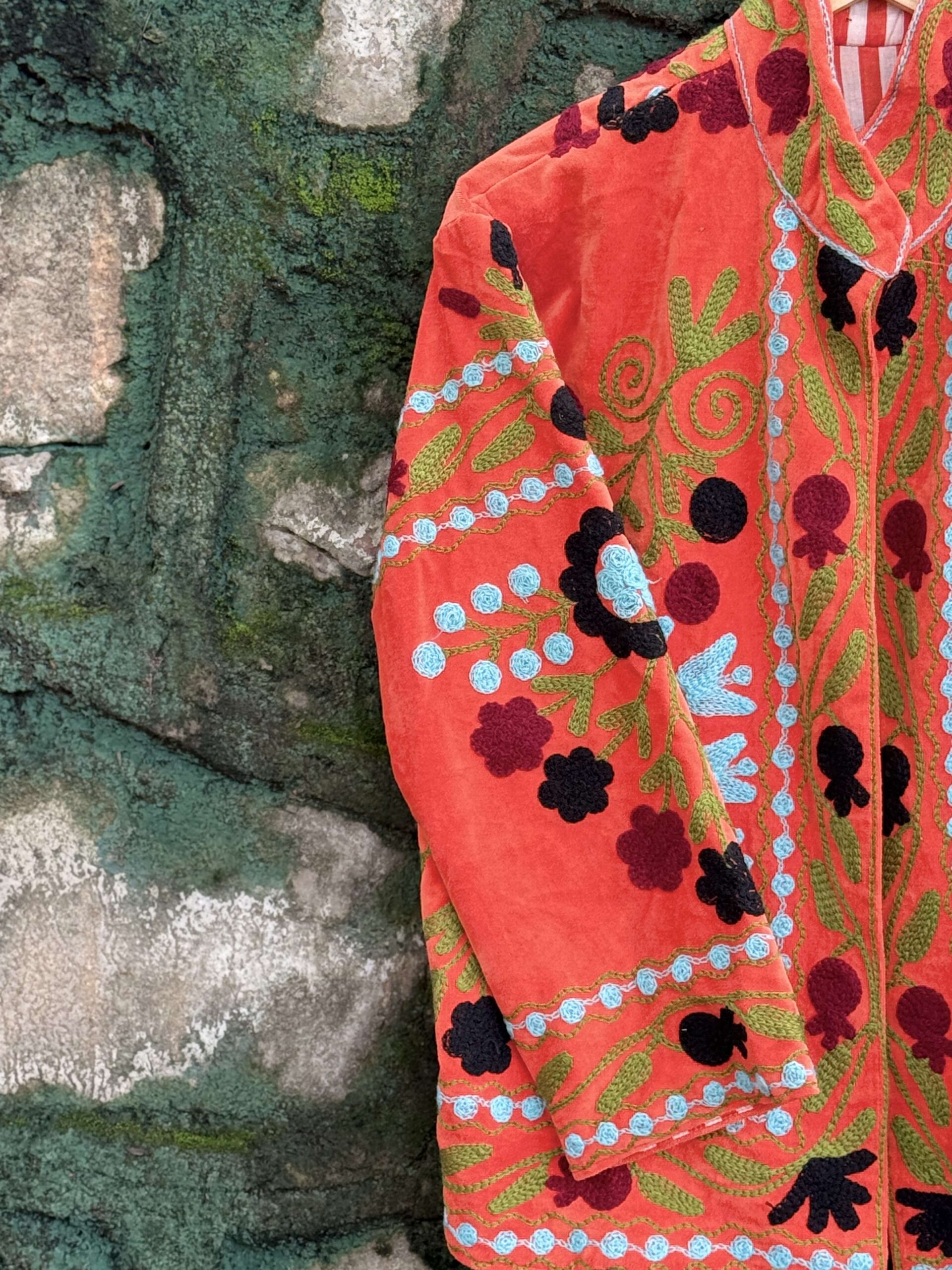 Womens Orange Velvet Embroidered Jacket with Floral Design - Image 4