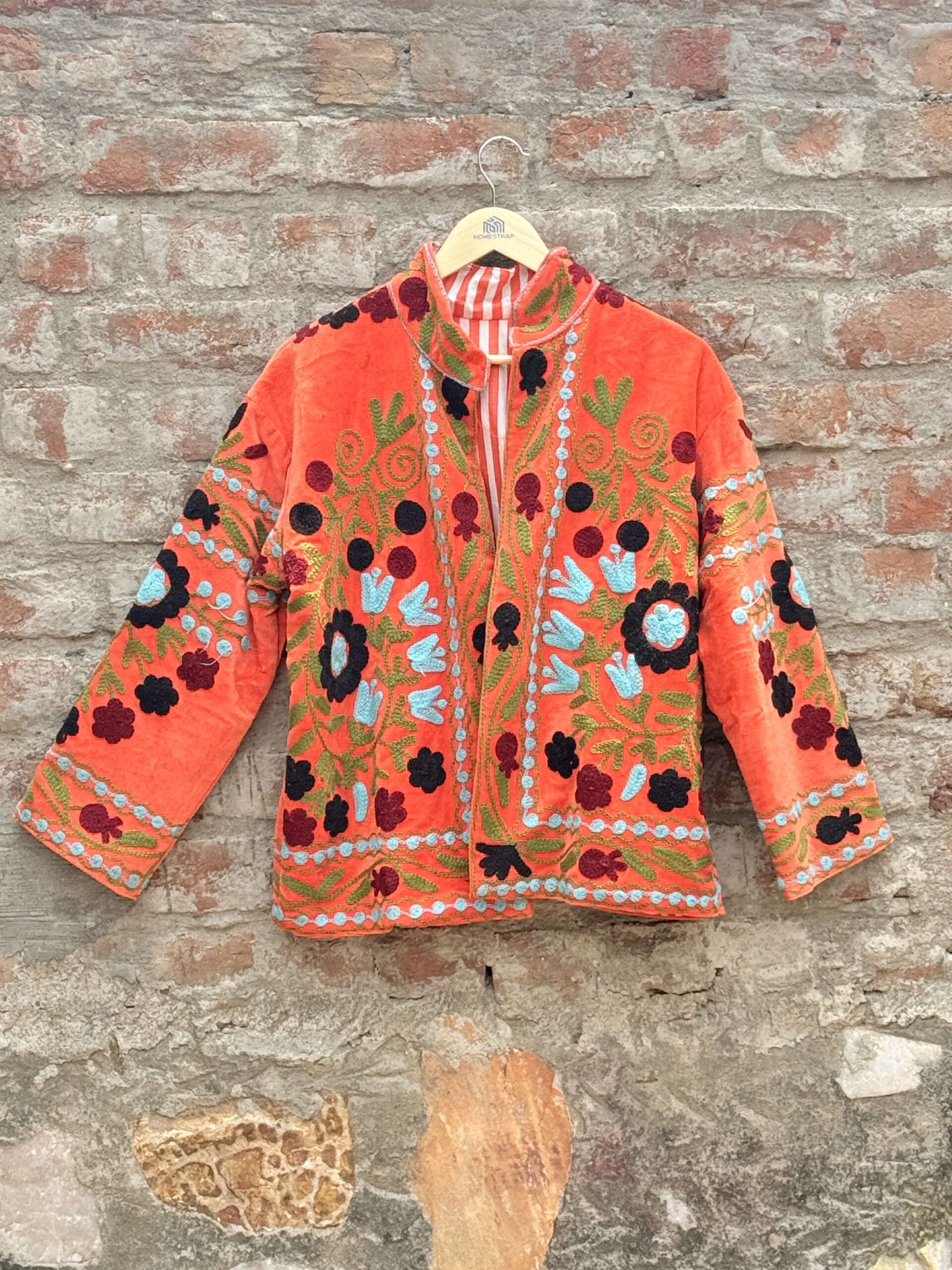 Womens Orange Velvet Embroidered Jacket with Floral Design